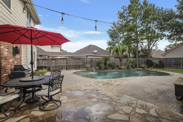 view of swimming pool with a patio, a fenced backyard, a fenced in pool, and a grill