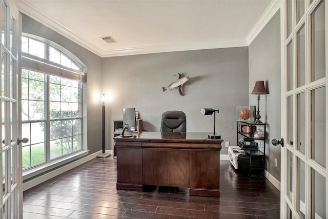 home office featuring dark wood-style floors, visible vents, and crown molding