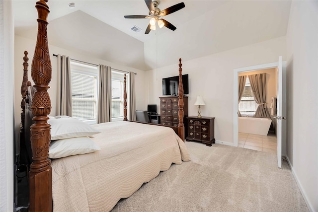 tiled bedroom featuring baseboards, visible vents, lofted ceiling, ceiling fan, and carpet floors