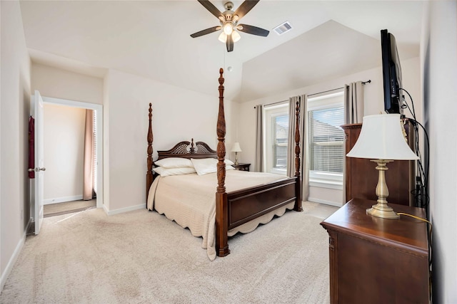 bedroom featuring baseboards, visible vents, a ceiling fan, light colored carpet, and lofted ceiling