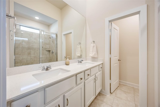 full bath with a stall shower, tile patterned floors, a sink, and double vanity