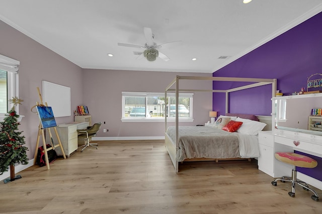 bedroom featuring baseboards, visible vents, ceiling fan, wood finished floors, and recessed lighting