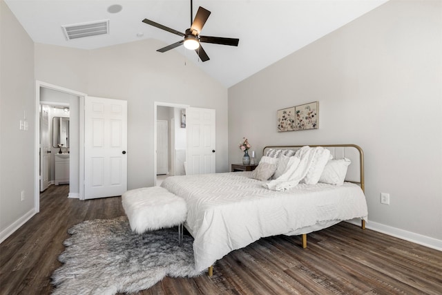 bedroom with ceiling fan, high vaulted ceiling, wood finished floors, visible vents, and baseboards