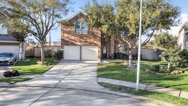 traditional-style home featuring a front yard, brick siding, driveway, and fence