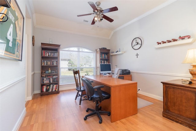 office space featuring light wood-style flooring, visible vents, baseboards, a ceiling fan, and ornamental molding