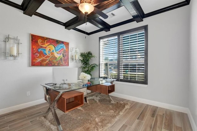 home office with visible vents, baseboards, a ceiling fan, beamed ceiling, and wood tiled floor