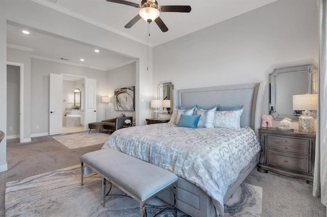 carpeted bedroom with baseboards, connected bathroom, ceiling fan, crown molding, and recessed lighting