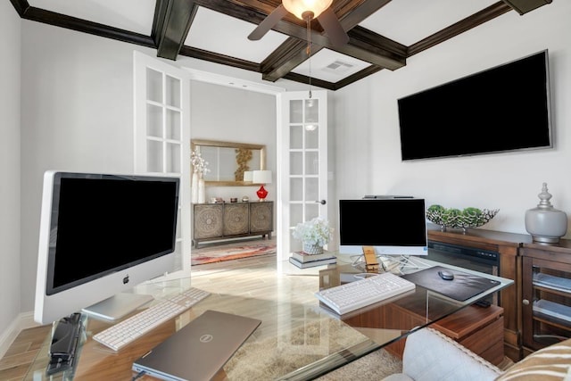 living room with ceiling fan, visible vents, coffered ceiling, and beamed ceiling