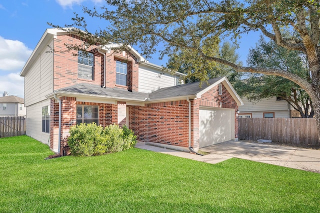 traditional home featuring brick siding, a front lawn, an attached garage, and fence