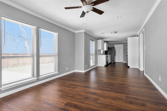 unfurnished living room with ceiling fan, recessed lighting, dark wood-type flooring, baseboards, and crown molding