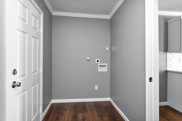 clothes washing area with laundry area, baseboards, ornamental molding, dark wood-type flooring, and hookup for an electric dryer