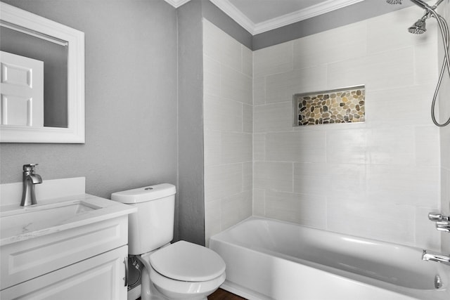 bathroom featuring shower / washtub combination, vanity, toilet, and crown molding