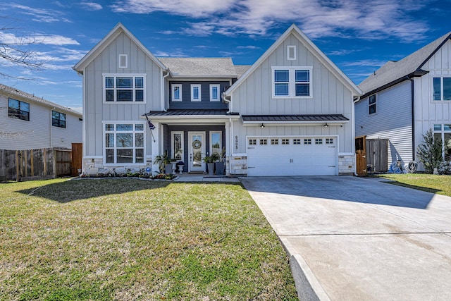 view of front of property featuring an attached garage, fence, french doors, board and batten siding, and a standing seam roof