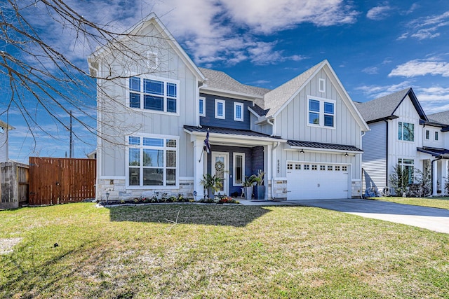 modern farmhouse with a shingled roof, fence, driveway, board and batten siding, and a standing seam roof