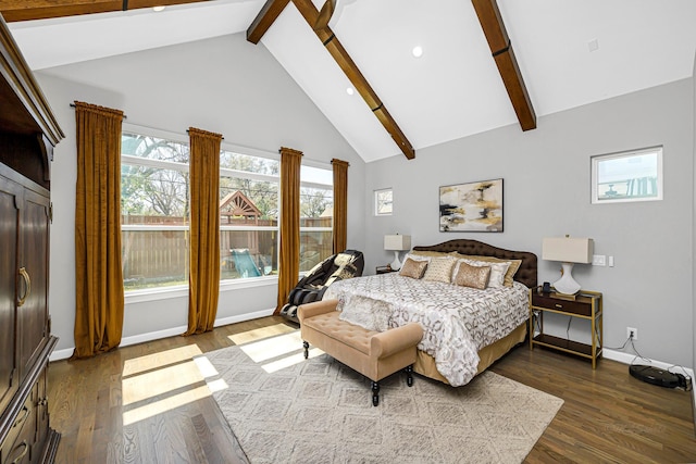 bedroom with high vaulted ceiling, dark wood-style floors, baseboards, and beam ceiling