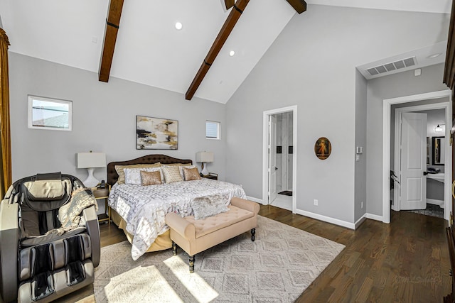 bedroom featuring high vaulted ceiling, wood finished floors, visible vents, baseboards, and beam ceiling