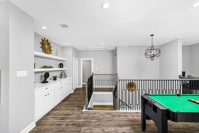 rec room featuring dark wood-style flooring, visible vents, and recessed lighting