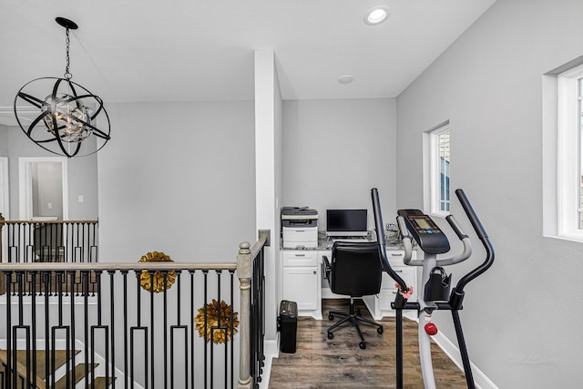 office area featuring baseboards, a chandelier, dark wood finished floors, and recessed lighting