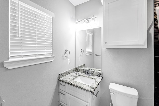 bathroom with toilet, a textured wall, and vanity