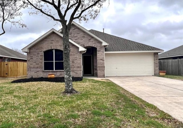 single story home featuring a garage, concrete driveway, fence, and a front lawn