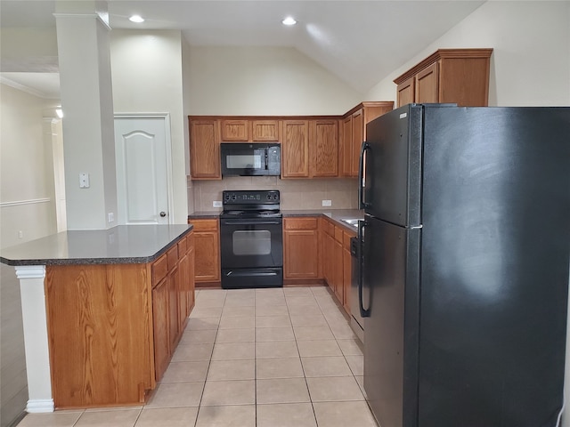 kitchen featuring light tile patterned floors, decorative backsplash, dark countertops, vaulted ceiling, and black appliances