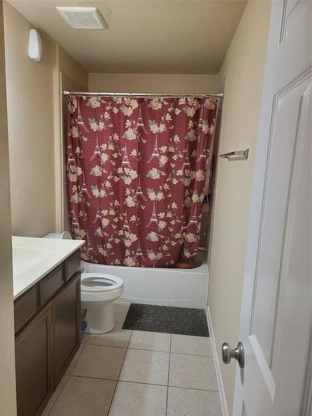 bathroom with visible vents, toilet, tile patterned flooring, shower / bath combination with curtain, and vanity