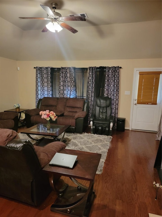 living room with ceiling fan and wood finished floors