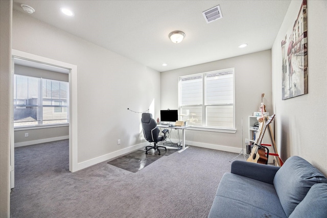 office space with a wealth of natural light, baseboards, visible vents, and carpet flooring