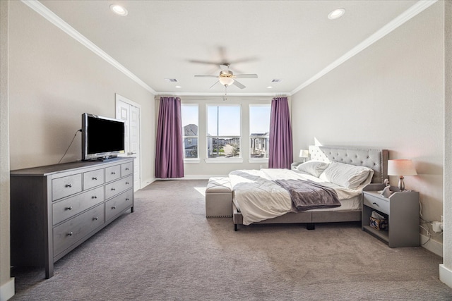 bedroom with recessed lighting, carpet flooring, visible vents, a ceiling fan, and crown molding