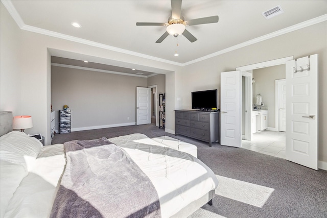 bedroom featuring baseboards, visible vents, ornamental molding, and light colored carpet