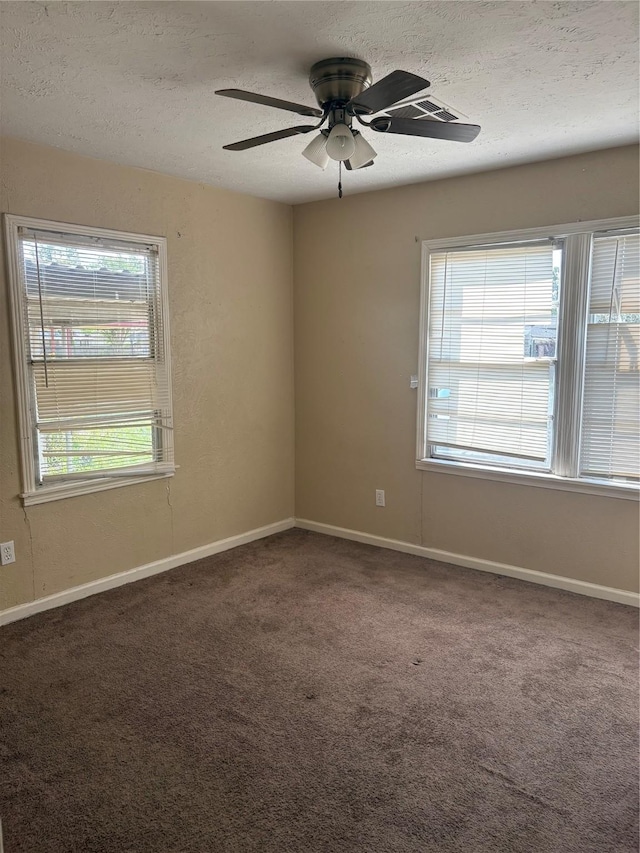 carpeted empty room with a healthy amount of sunlight, baseboards, and a textured ceiling