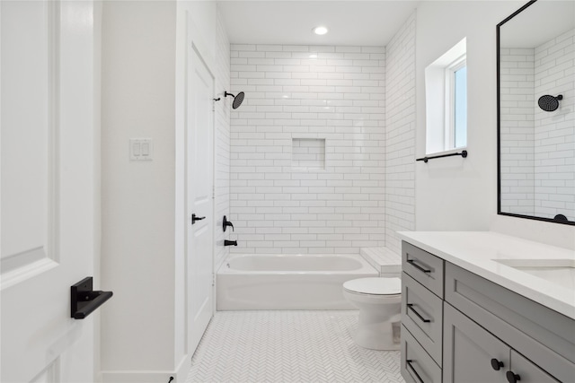 bathroom with shower / bathing tub combination, toilet, tile patterned floors, vanity, and recessed lighting