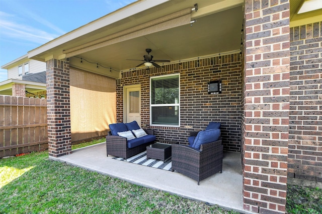 view of patio / terrace featuring ceiling fan, fence, and outdoor lounge area