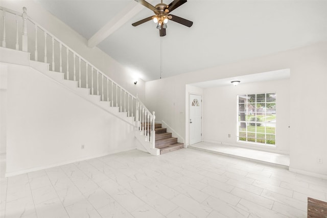 unfurnished living room featuring marble finish floor, beam ceiling, stairway, high vaulted ceiling, and baseboards