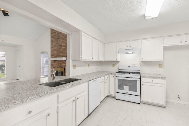 kitchen featuring marble finish floor, white cabinets, a sink, white appliances, and under cabinet range hood