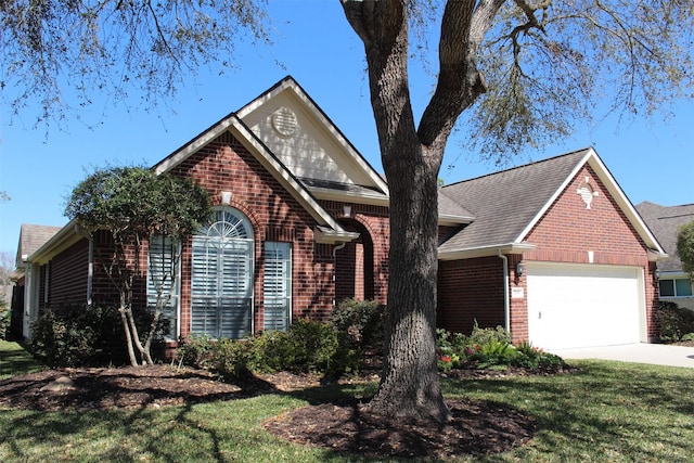 view of front of property with brick siding, an attached garage, concrete driveway, and a front lawn