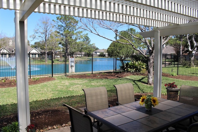 view of patio featuring a water view, a pergola, fence, a community pool, and outdoor dining area