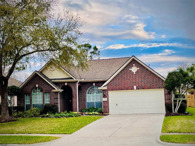 view of front of home with driveway, brick siding, an attached garage, and a front yard