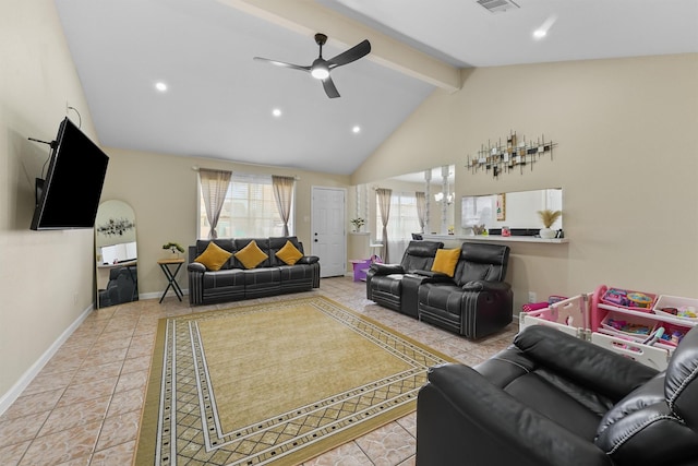 living area with beam ceiling, recessed lighting, tile patterned flooring, baseboards, and ceiling fan with notable chandelier