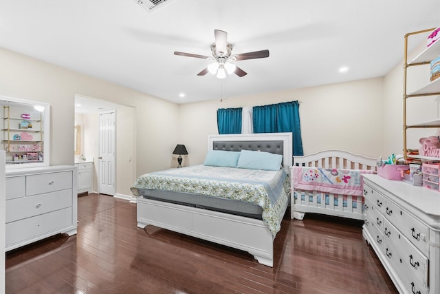 bedroom with visible vents, dark wood-type flooring, a ceiling fan, and recessed lighting