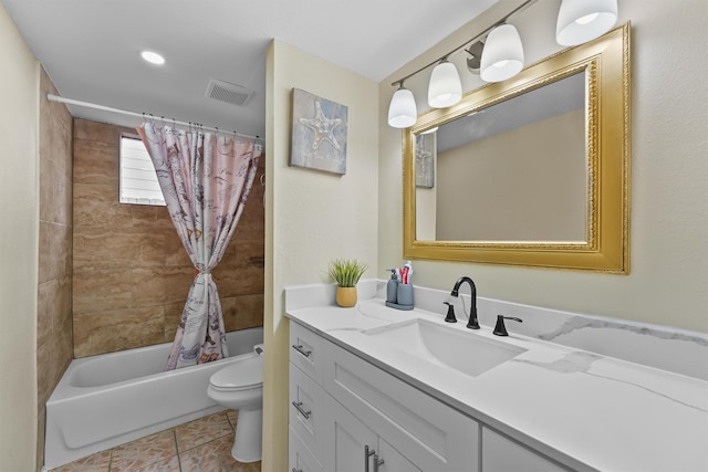 full bathroom featuring tile patterned flooring, toilet, vanity, visible vents, and shower / bathtub combination with curtain