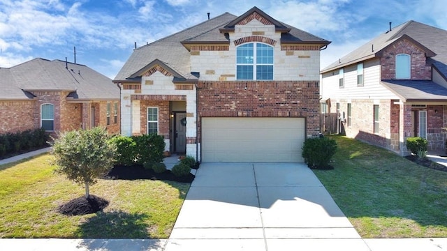 french country home with a garage, brick siding, stone siding, driveway, and a front lawn