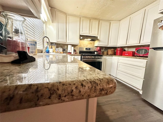 kitchen featuring stainless steel appliances, white cabinets, dark wood finished floors, and under cabinet range hood