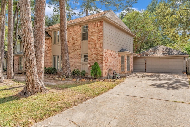 view of property exterior with concrete driveway, brick siding, and an attached garage