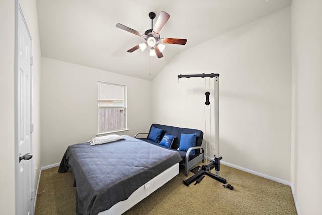 carpeted bedroom with lofted ceiling, ceiling fan, and baseboards