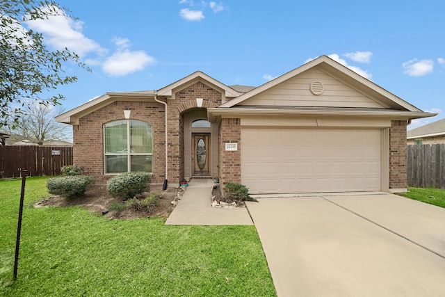 single story home featuring a front lawn, brick siding, fence, and an attached garage