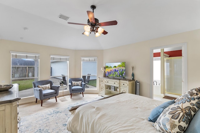 carpeted bedroom featuring a ceiling fan, lofted ceiling, multiple windows, and visible vents