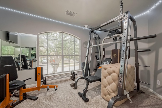 workout room featuring carpet, visible vents, and baseboards