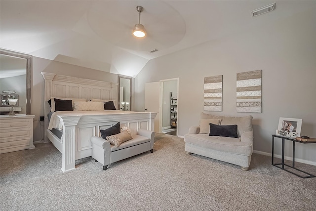 carpeted bedroom with visible vents, vaulted ceiling, baseboards, and ceiling fan