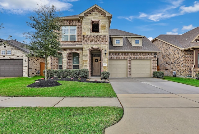 view of front of house with a garage, stone siding, brick siding, and a front lawn